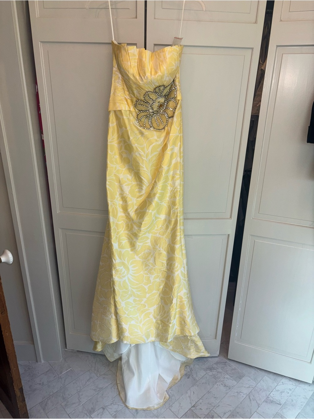Buttery Yellow Terani Gown with Floral Rhinestone
